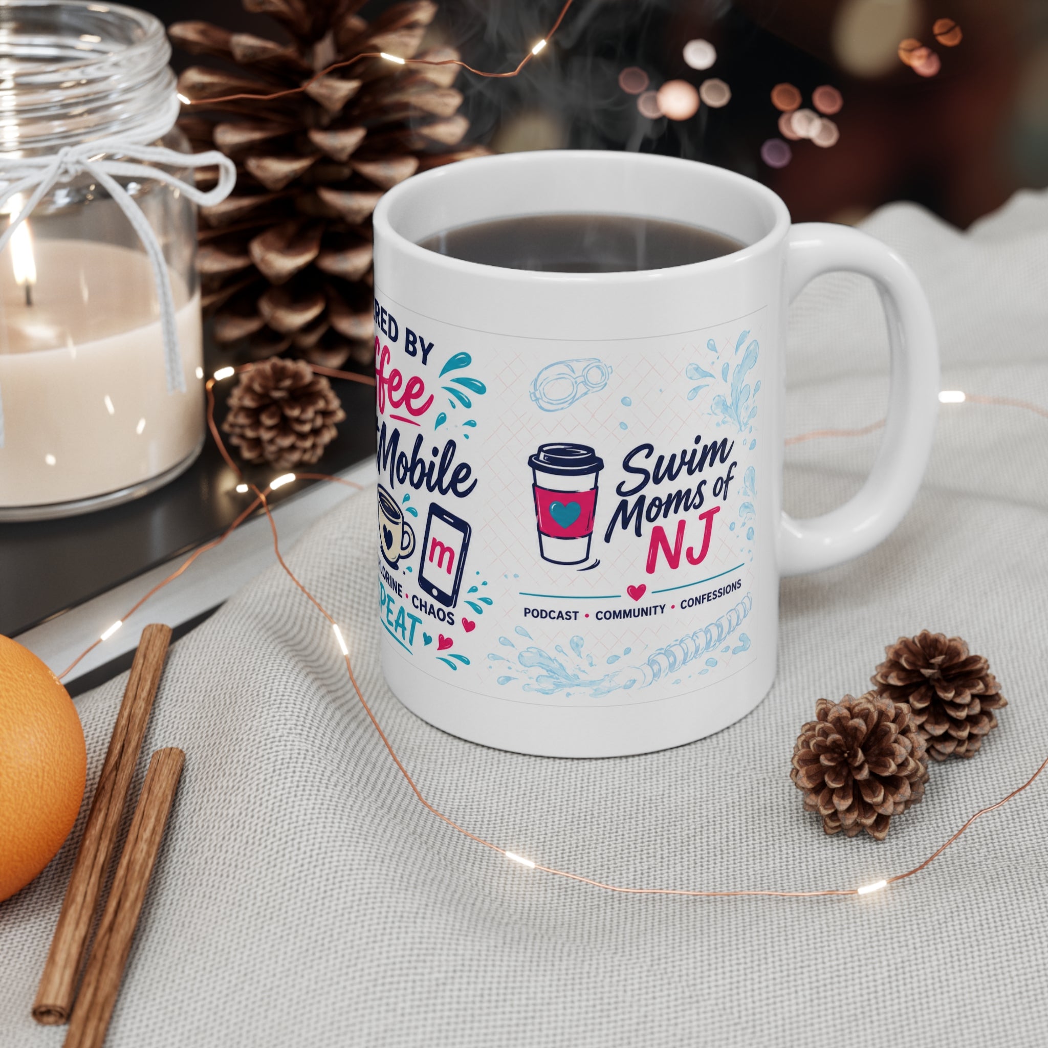 Powered by Coffee & MeetMobile Mug | Swim Moms of NJ Podcast Coffee Mug