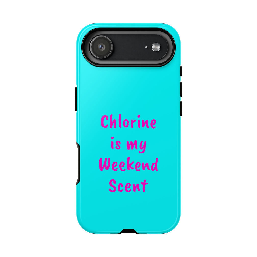 Chlorine Is My Weekend Scent phone case | Pool Life, Swim Team, Aqua Pink Text