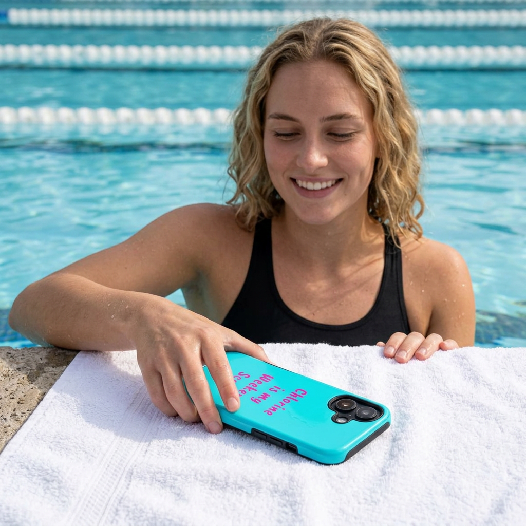 Chlorine Is My Weekend Scent phone case | Pool Life, Swim Team, Aqua Pink Text
