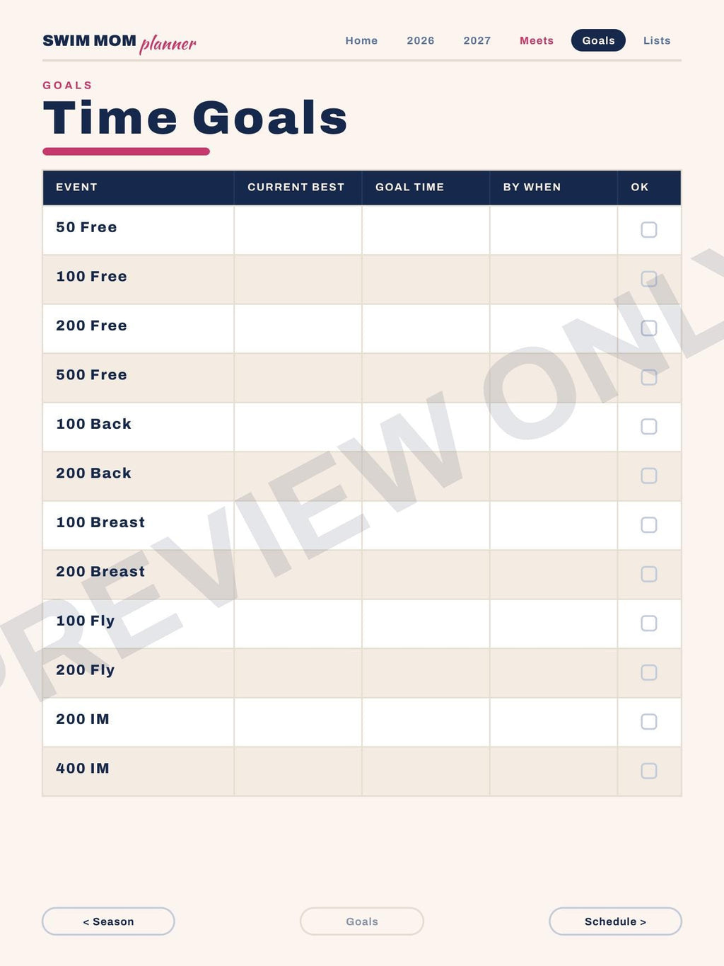 Swim Mom Planner 2026-2027 | Digital PDF, Swim Meet Tracker, Goals (Download)