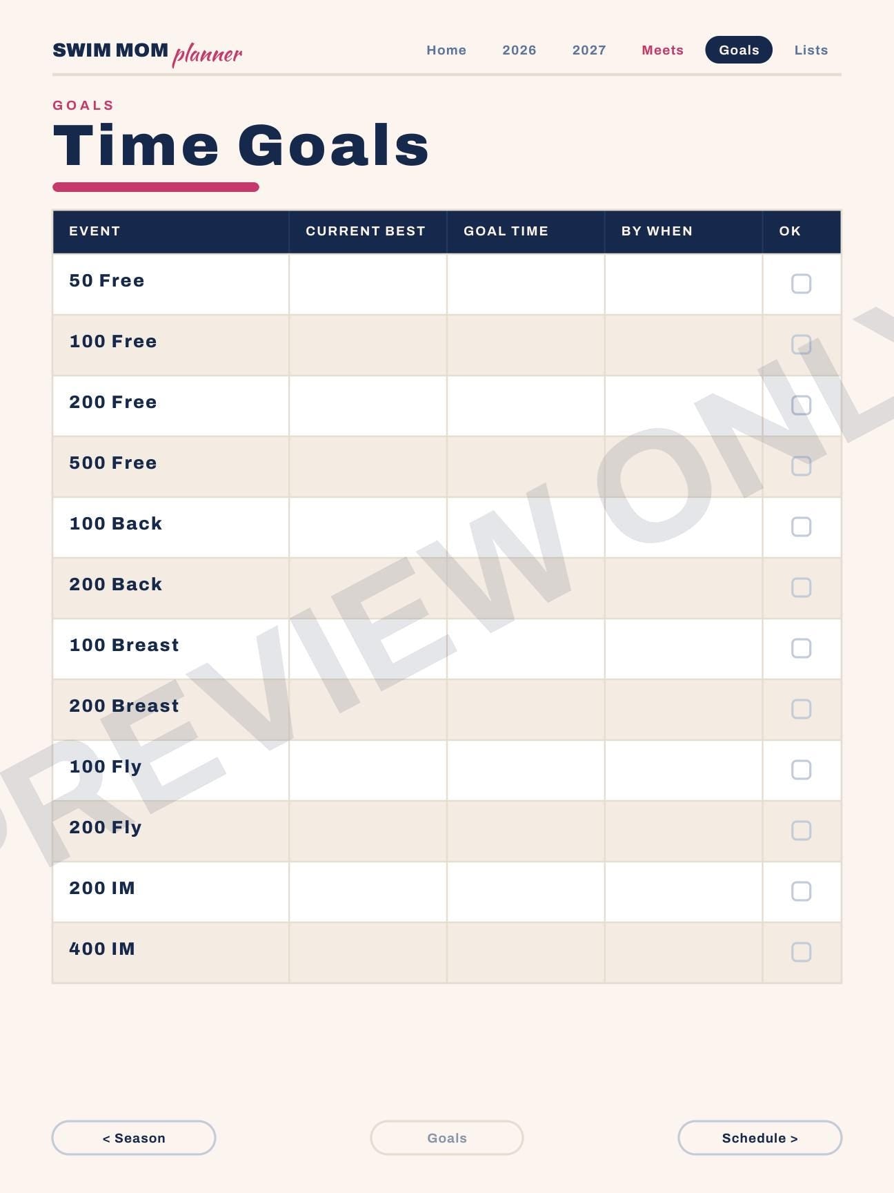 Swim Mom Planner 2026-2027 | Digital PDF, Swim Meet Tracker, Goals (Download)