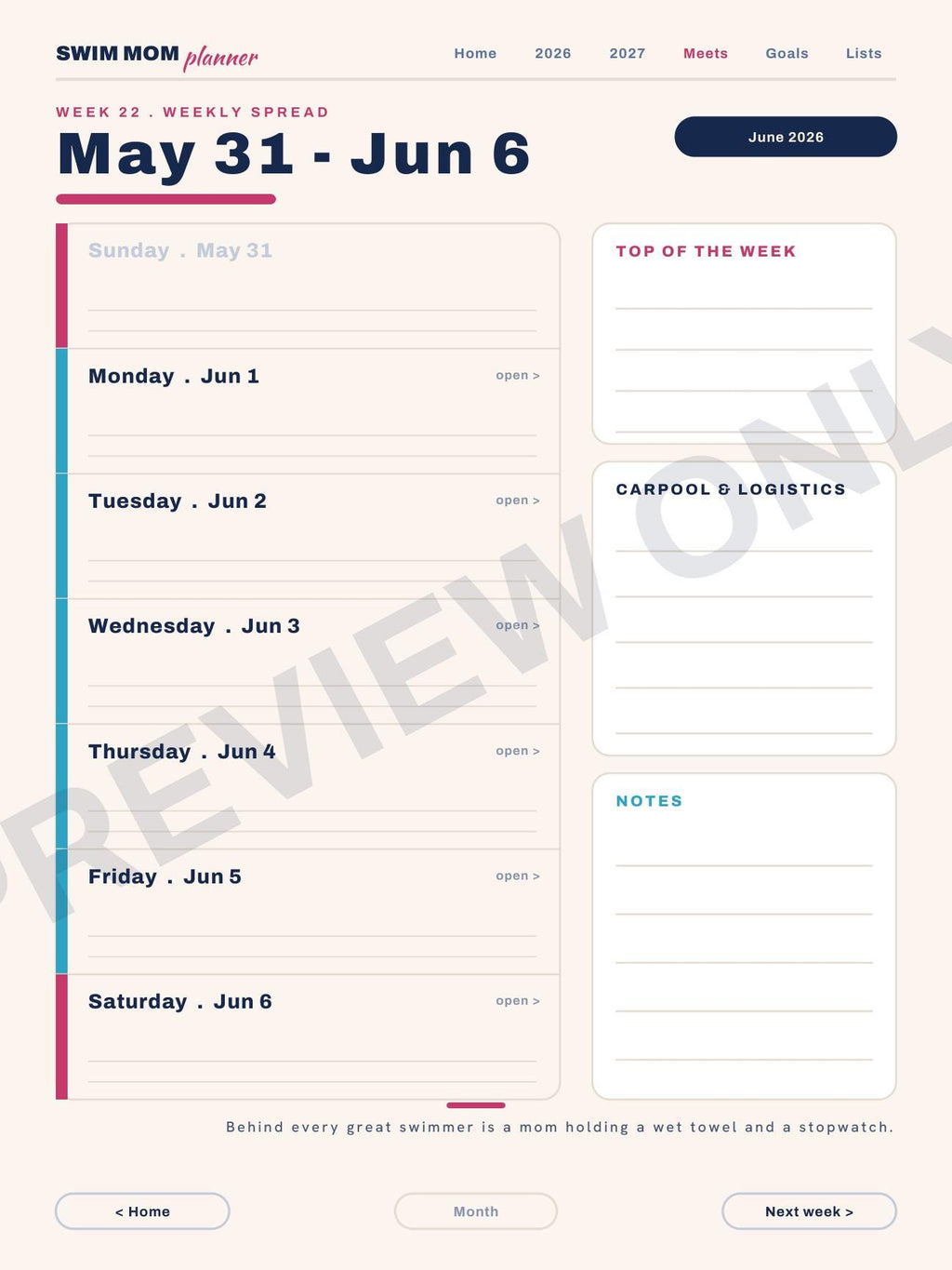 Swim Mom Planner 2026-2027 | Digital PDF, Swim Meet Tracker, Goals (Download)