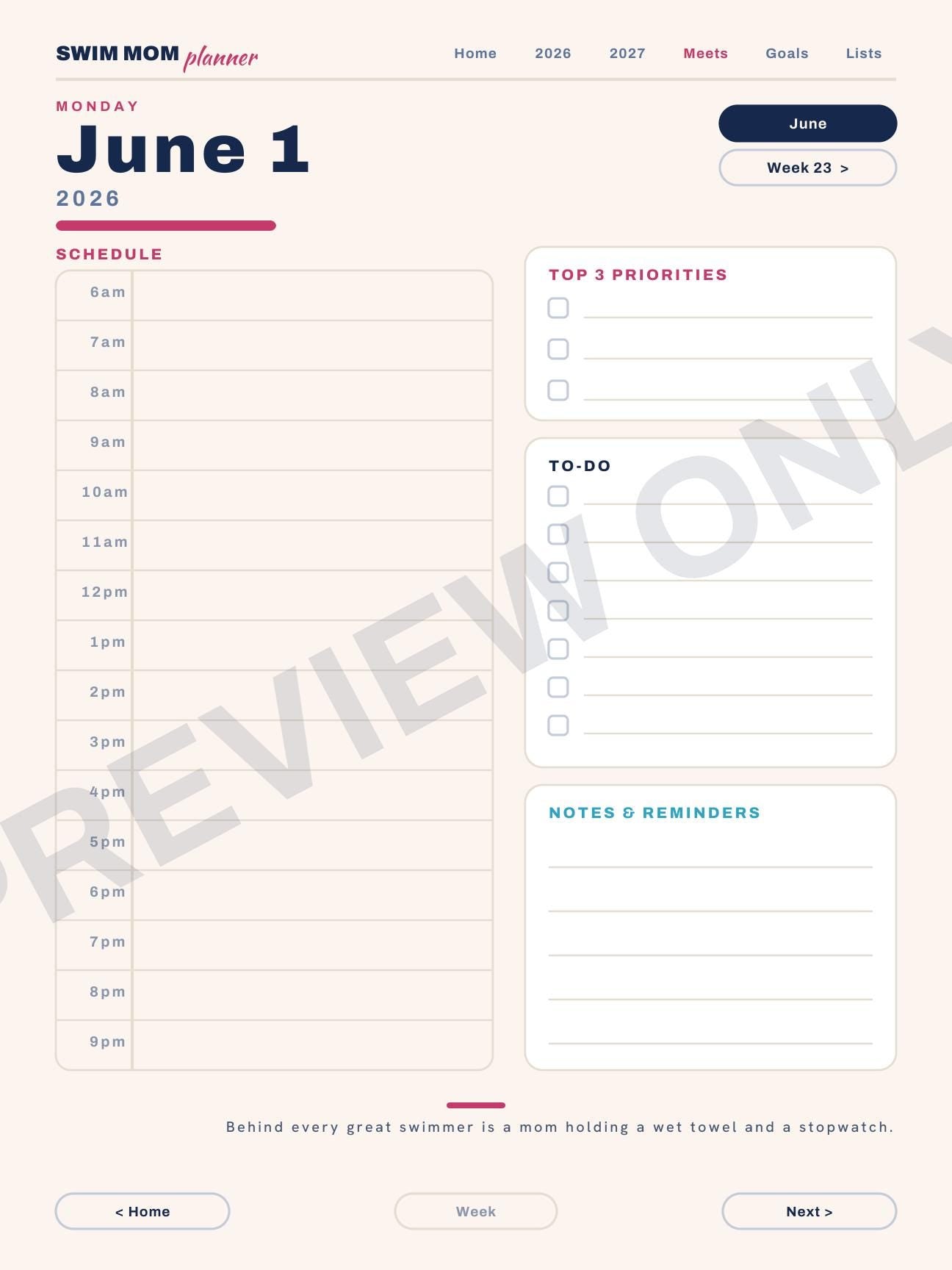 Swim Mom Planner 2026-2027 | Digital PDF, Swim Meet Tracker, Goals (Download)