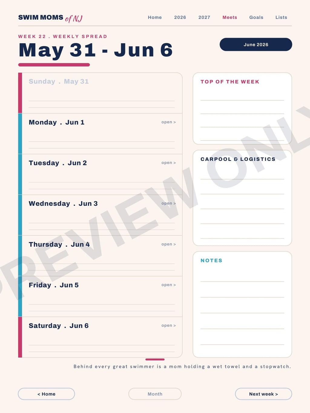Swim Moms of NJ Planner 2026-2027 | Digital PDF, Swim Meet Tracker (Download)