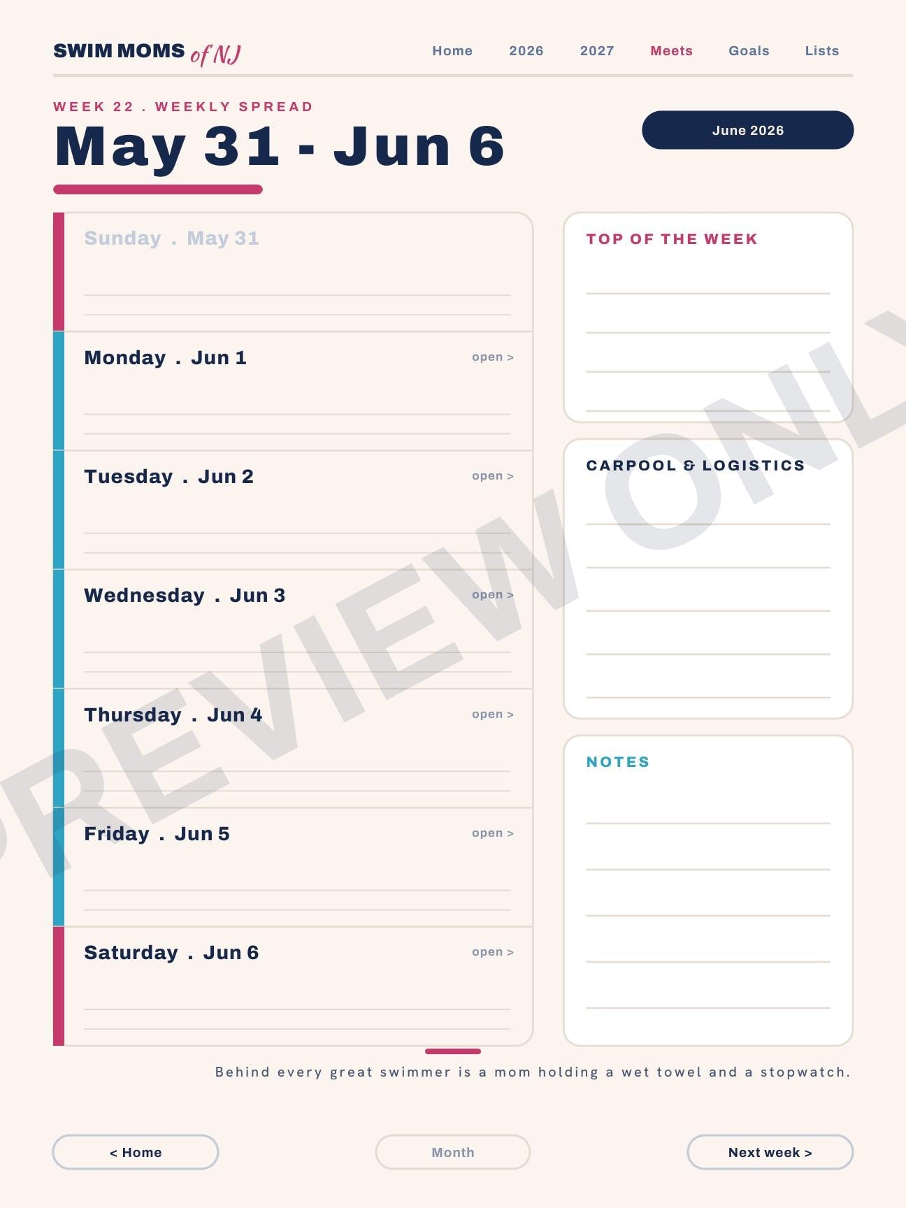 Swim Moms of NJ Planner 2026-2027 | Digital PDF, Swim Meet Tracker (Download)