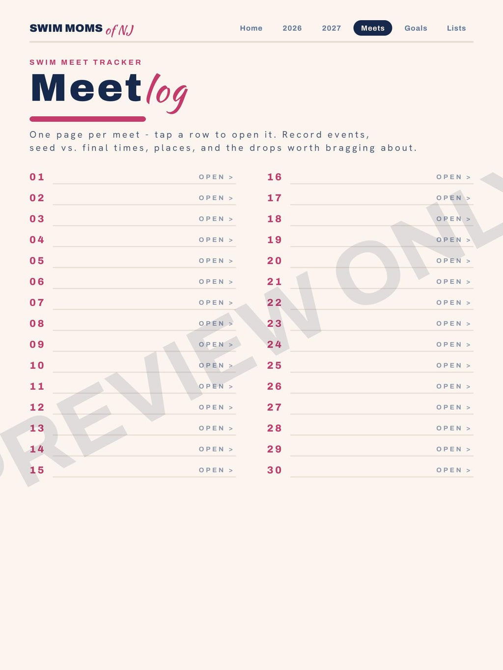 Swim Moms of NJ Planner 2026-2027 | Digital PDF, Swim Meet Tracker (Download)