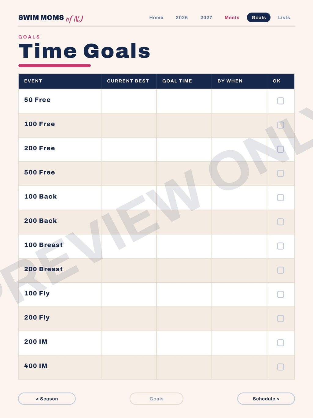 Swim Moms of NJ Planner 2026-2027 | Digital PDF, Swim Meet Tracker (Download)