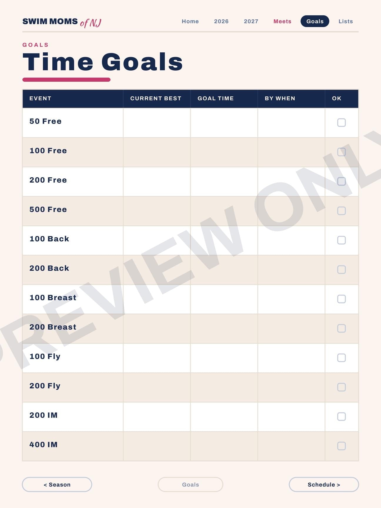 Swim Moms of NJ Planner 2026-2027 | Digital PDF, Swim Meet Tracker (Download)