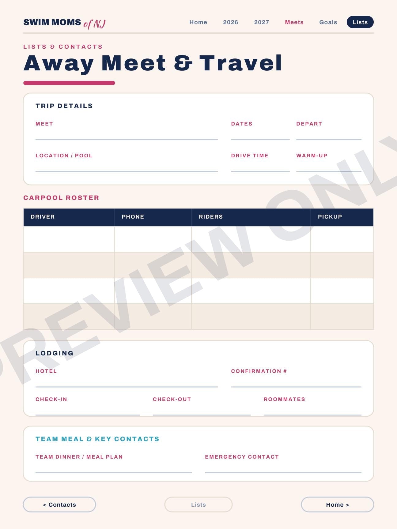 Swim Moms of NJ Planner 2026-2027 | Digital PDF, Swim Meet Tracker (Download)